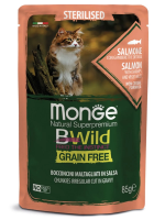Monge Cat BWild GRAIN FREE паучи из лосося с креветками и овощами для стерилизованных кошек, 85г