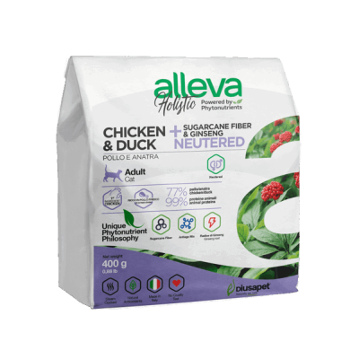 Alleva Holistic Neutered Сухой корм для стерилизованных котов и кошек с курицей и уткой, волокнами сахарного тростника и женьшенем