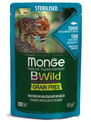 Monge Cat BWild GRAIN FREE пауч из тунца с креветками и овощами для стерилизованных кошек, 85г