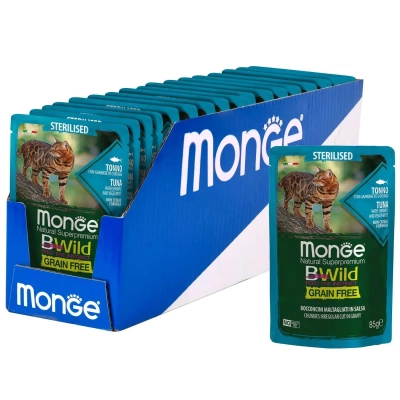 Monge Cat BWild GRAIN FREE пауч из тунца с креветками и овощами для стерилизованных кошек, 85г