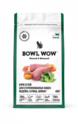 Bowl Wow Fresh Meat Сухой корм для стерилизованных кошек с индейкой, курицей и шпинатом