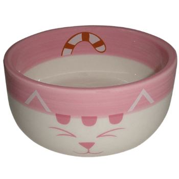 N1 Миска керамическая, розовая, рисунок довольная кошка 11,5*5см