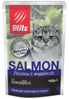 Blitz Sensitive нежные кусочки в соусе для взрослых кошек, лосось с индейкой, 85гр