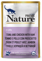 Prime Nature Пауч для взрослых кошек, тунец с курицей и ветчиной в желе 100гр