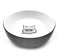Keiko Миска для кошек, керамика, принт кот ученный, черно-белая, 450мл