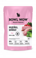 Bowl Wow Влажный корм для здоровой кожи и шерсти кошек, кусочки в соусе с индейкой и шпинатом, пауч