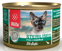 BLITZ Holistic Sterilised влажный корм для стерилизованных кошек, мясной паштет, утка с индейкой 200гр