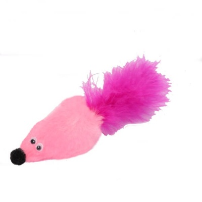 GoSi Игрушка мышь с мятой розовый мех с хвостом перо, этикетка кружок