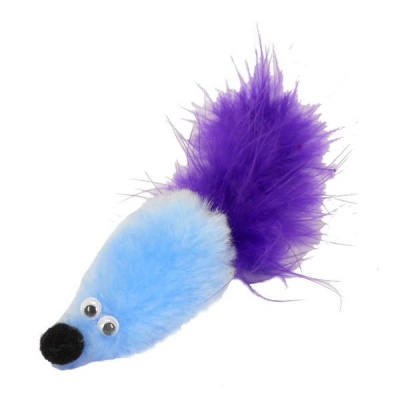 GoSi Игрушка мышь с мятой голубой мех с хвостом перо, этикетка кружок