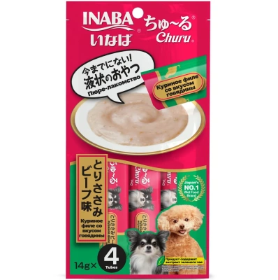 Inaba Ciao Churu Лакомство-пюре для взрослых собак, куриное филе с говядиной, 14г*4шт