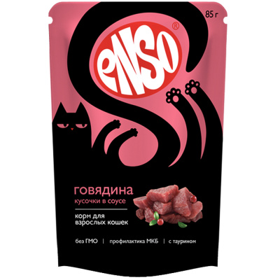 Enso Корм влажный полнорационный для взрослых кошек, кусочки в соусе с говядиной, пауч 85гр