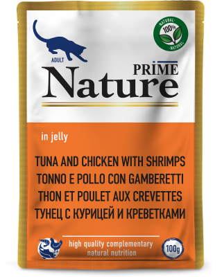 Prime Nature Пауч для взрослых кошек, тунец с курицей и креветками в желе 100гр
