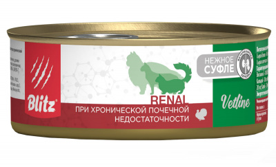 Blitz Cat Vetline Renal, влажный корм для кошек, паштет с индейкой 100гр