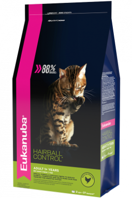 Eukanuba Hairball для взрослых кошек живущих в помещении, способствующий выведению шерсти