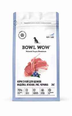 Bowl Wow Сухой корм для щенков крупных пород, индейка, ягненок с рисом и черникой