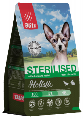 Blitz Holistic Duck&Rabbit Sterilised Cat сухой корм для стерилизованных кошек, с уткой и кроликом