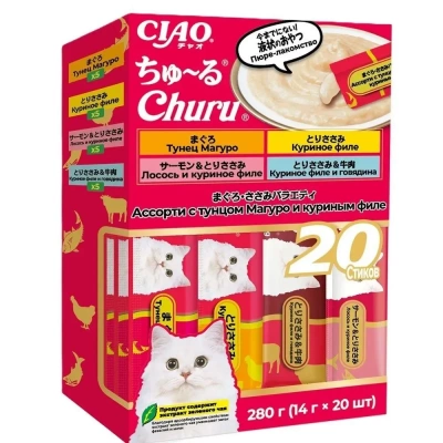 Inaba Ciao Churu Крем-лакомство пюре для кошек,  ассорти с тунцом Магуро и куриным филе, 14 г х 20 шт.