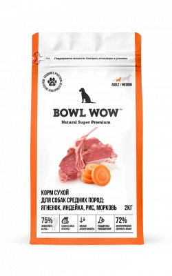 Bowl Wow Сухой корм для собак средних пород, ягненок, индейка с рисом и морковью