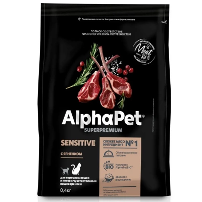 AlphaPet Superpremium с ягненком для взрослых кошек с чувствительным пищеварением 