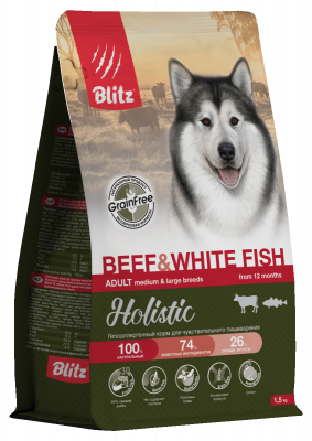 Blitz Holistic Adult Beef&White Fish сухой корм для собак, говядина и белая рыба