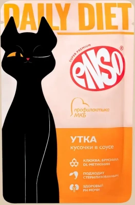 Enso Daily Diet Корм влажный полнорационный для взрослых кошек, профилактика МКБ, кусочки в соусе с уткой, пауч 85г