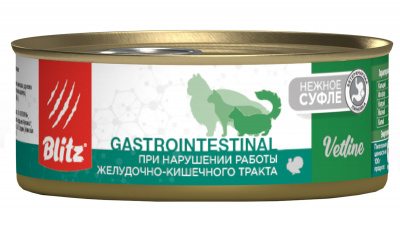Blitz Cat Vetline Gastrointestinal, влажный корм для кошек,  паштет с индейкой 100гр