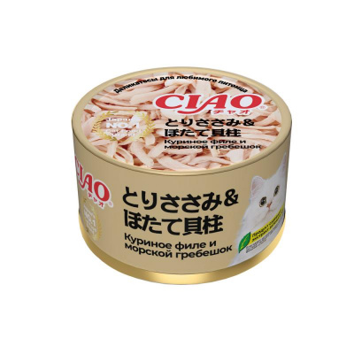 INABA Can корм влажный для кошек куриное филе и морской гребешок, консервы 85г