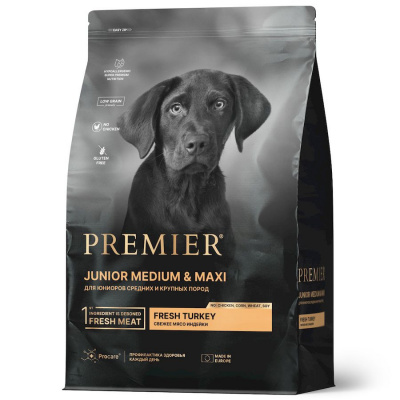 Уценка: Premier Dog Turkey Junior Medium & Maxi Свежее мясо индейки для юниоров средних и крупных пород (Срок до 29.07.26)