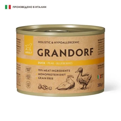 GRANDORF Консервы для собак, паштет из утки с грушей и черникой 200 г