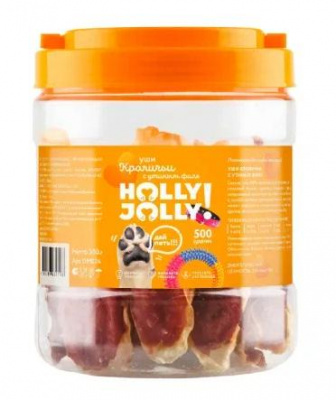 Holly Jolly! Лакомство для собак уши кроличьи с утиным филе, банка, 500гр