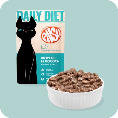 Enso Daily Diet Корм влажный полнорационный для взрослых кошек, для привередливых, кусочки в соусе с форелью и лососем, пауч 85г