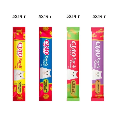 Inaba Ciao Churu Крем-лакомство пюре для кошек, ассорти с морепродуктами, 14 г х 20 шт.