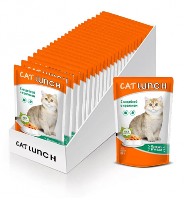 Cat Lunch пауч для кошек кусочки в желе с индейкой и кроликом 85гр