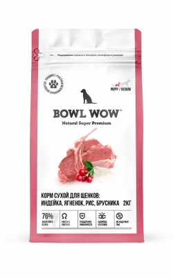 Bowl Wow Сухой корм для щенков средних пород, индейка, ягненок с рисом и брусникой