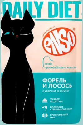Enso Daily Diet Корм влажный полнорационный для взрослых кошек, для привередливых, кусочки в соусе с форелью и лососем, пауч 85г