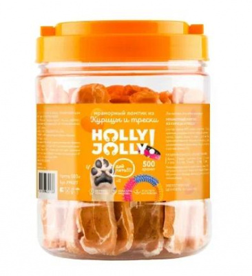 Holly Jolly! Лакомство для собак мраморный ломтик из курицы и трески, банка, 500гр