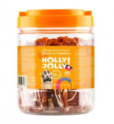 Holly Jolly! Лакомство для собак мраморный ломтик из утки и трески, банка, 500гр